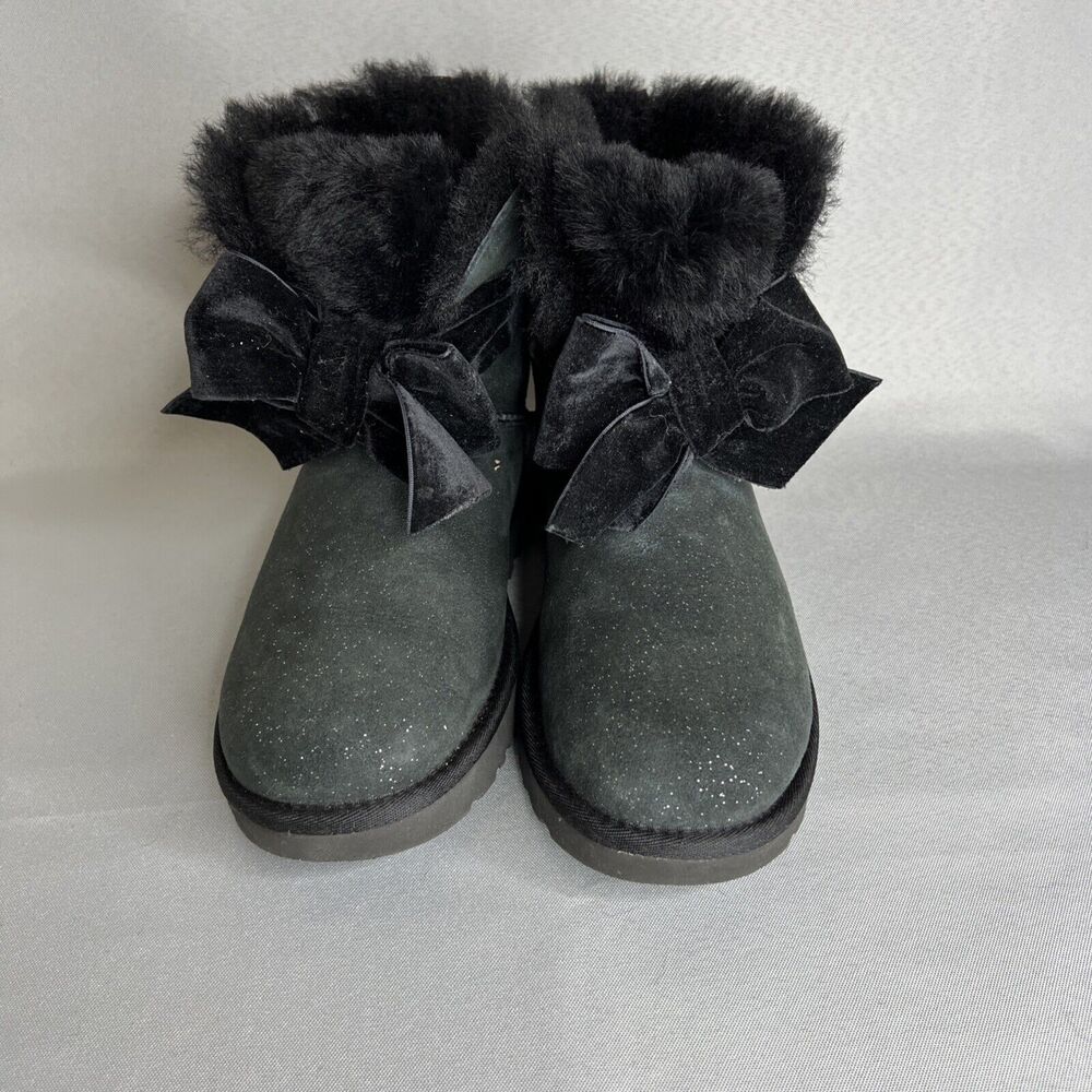 Women's Ugg Boots Sz 7 Black Gita Twinkle Bow Mini Bootie Satin Bow Glitter-like - Picture 15 of 16